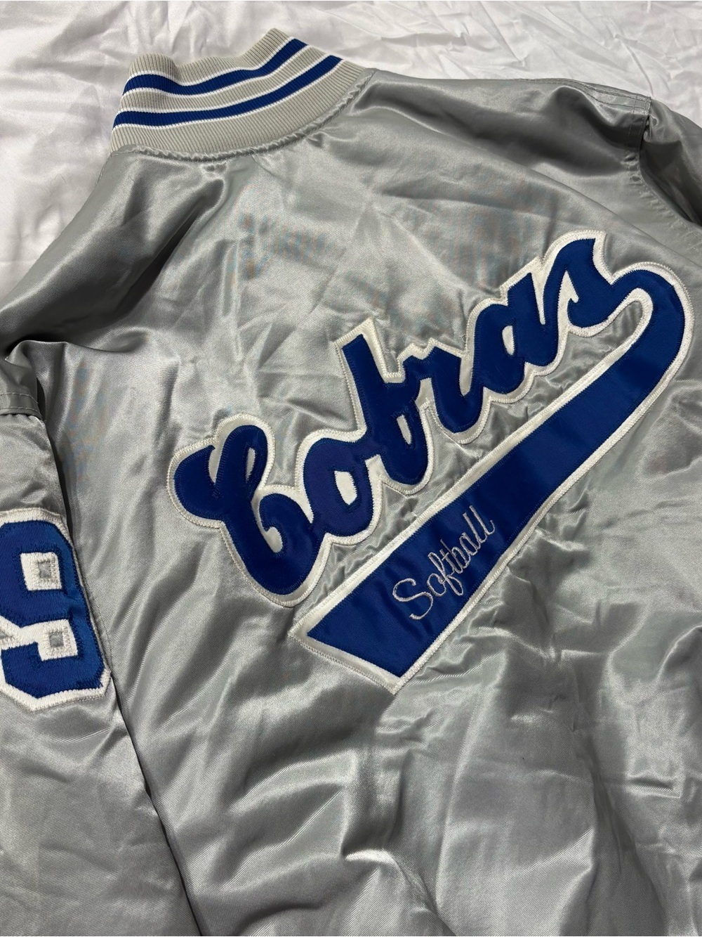 Vintage 90s Felco Satin Varsity Jacket Silver Blue Cobras Softball Y2K Bomber